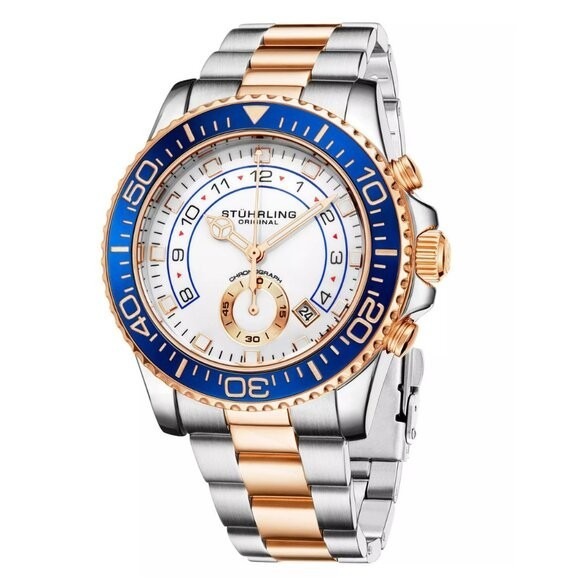 Stuhrling Men's Chronograph Diver Rose Gold-Tone And Silver-Tone Link 42mm